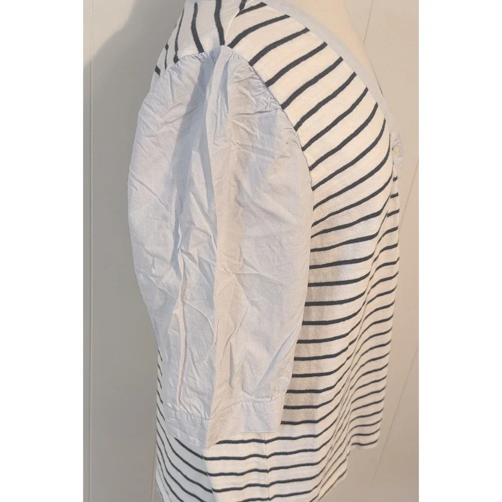 LOFT Striped Henley Top XL White Navy Mixed Media Puff Sleeve Nautical Preppy